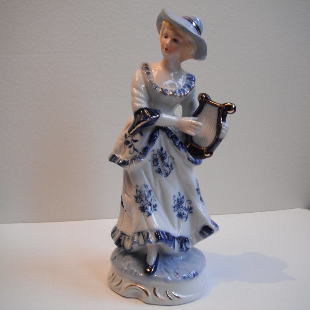 Porcelain Woman Figurine Sculpture Ceramic Woman Playing Harp Blue White Gold